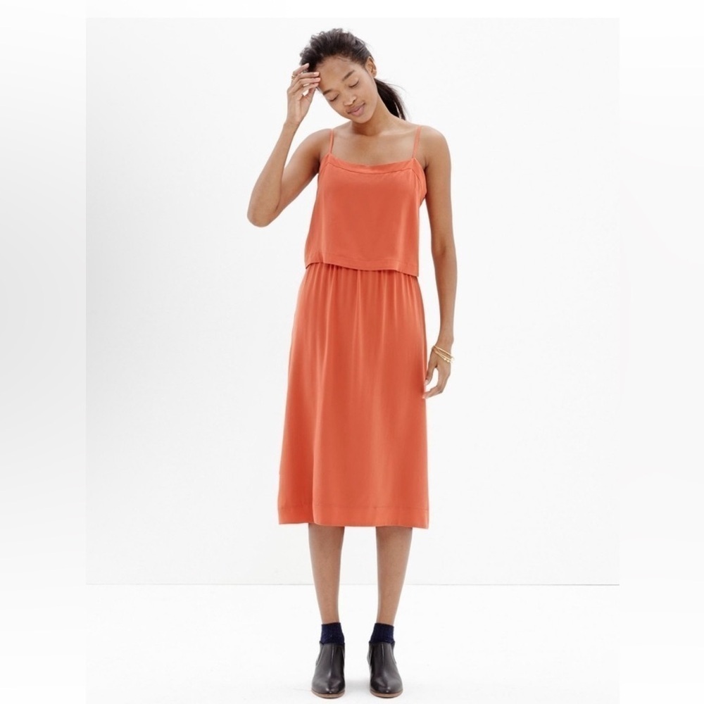 MADEWELL 100% SILK overlay burnt rust orange camisole slip Dress 2 minimalist